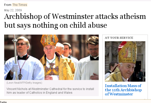 Archbishop of Westminster attacks atheism but says nothing on child abuse