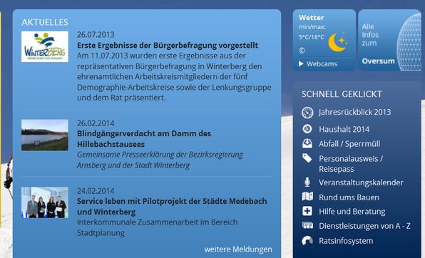 Im Winterberger Rathaus scheint das Aktuellste von gestern (screenshot: 13.3.2014)
