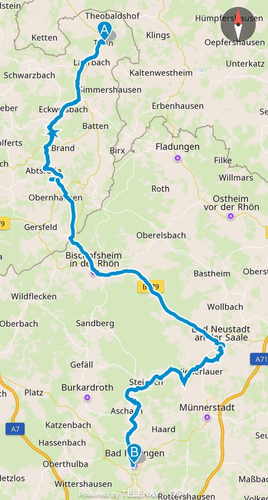 Screenshot der Route von Tann über die Wassekuppe nach Bad Kissingen