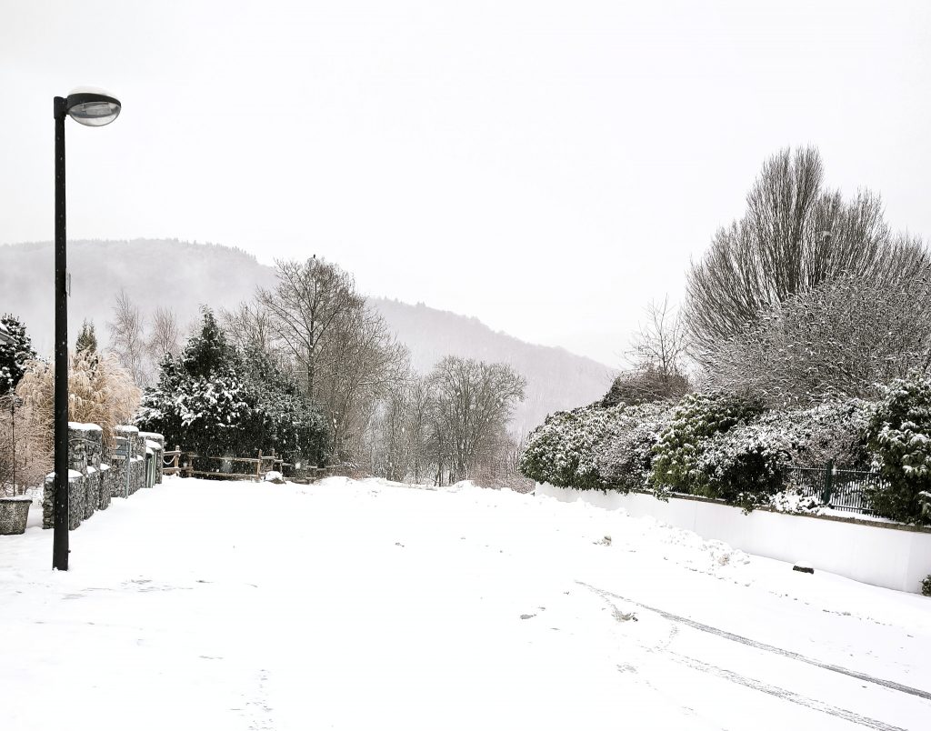 Eine verschneite Straße. Links im Vordergrund eine schwarze Straßenlaterne, dahinter eine Gabionen-Mauer, rechts ein hoher Strauch und Büsche über einer weißen, ca. 1 Meter hohen Grundstücksmauer. Die Straße ist eine Sackgasse und schließt mit Büschen und Bäumen rund um einen Wendehammer ab. Im Hintergrund ein bewaldeter Hügel, nur undeutlich zu erkennen, darüber grauer Schneehimmel.

Die Straße zieht sich von rechts unten in die Mitte des Bildes. Zwei Reifenspuren sind zu sehen.  Links von der Straße ist der von Schnee bedeckte Bürgersteig.
