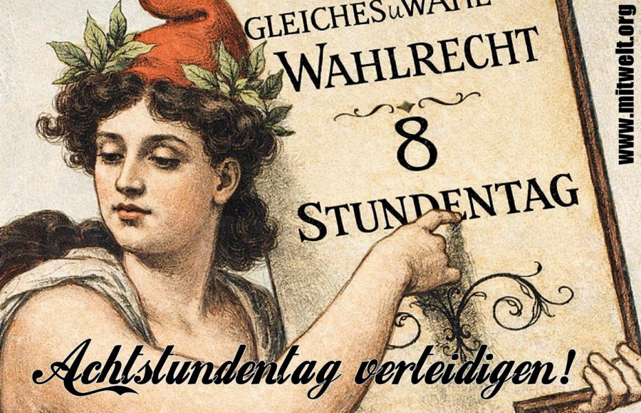 Eine Frau (links) mit roter phrygischer Kappe und Olivenzweigen ums Haar zeigt mit der rechten Hand auf eine Tafel (rechts), auf der steht:
Gleiches & Wahl
Wahlrecht
8
Stundentag
Die Frau schaut mit leicht gesenktem Blick nach unten links aus dem Bild heraus.
Die linke Hand stützt die Tafel am unteren Rand.