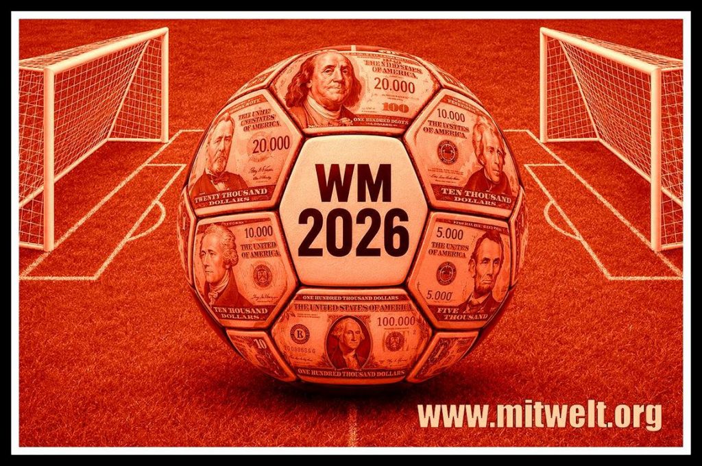 Ein überdimensionaler Fussball bedeckt mt bzw. genäht aus sechseckigen Dollarscheinen. vor rotem Hintergrund = Kunstrasen. Links und rechts die weißen Fußballtore. Das mittlere Sechseck ist weiß und trägt dien Schriftzug:
WM
2026